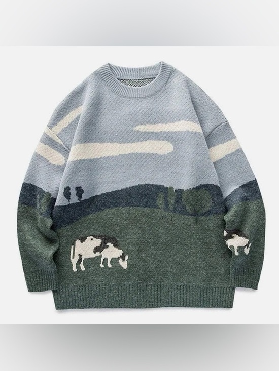 Aelfric Eden Other - EUC Aelfric Eden Multicolor Cow Pasture Graphic Knit Pullover Sweater Size Large